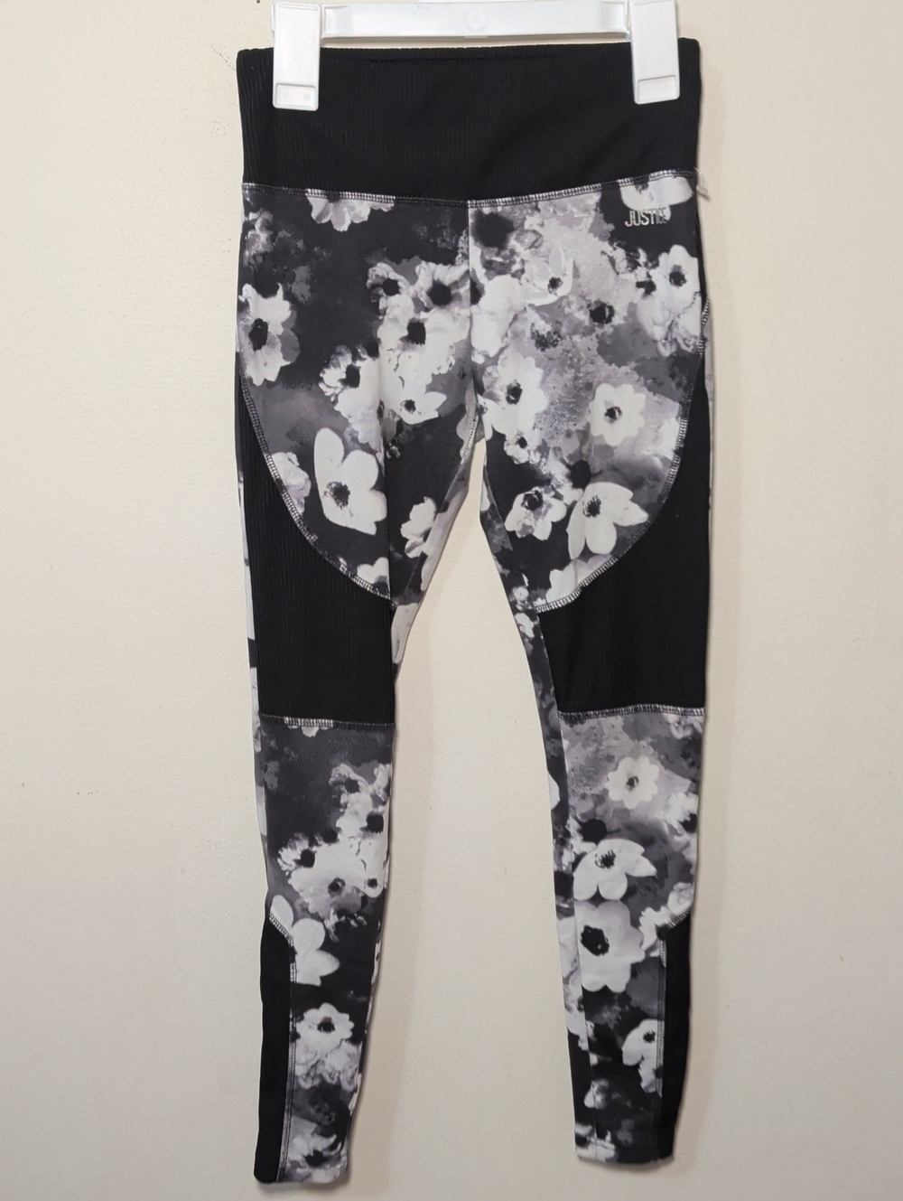Justice Black + White Floral Leggings Sporty Athleisure Comfy Girls Size 10